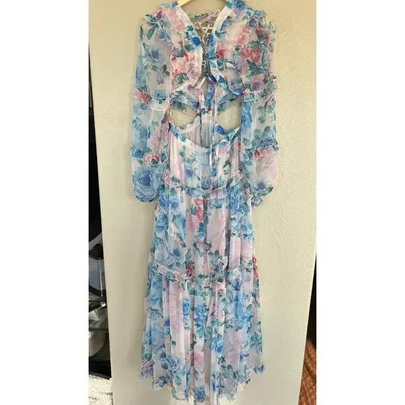 L'atiste Watercolor Floral Cutout Maxi Dress Small Lace Up Back Tiered Feminine - Picture 4 of 9
